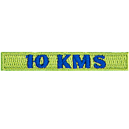 The number 10 KMS is stitched in blue on a green patch.