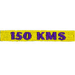 The number 150 KMS are stitched in purple on a yellow background.
