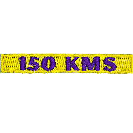 The number 150 KMS are stitched in purple on a yellow background.