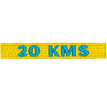 The number 20 KMS are stitched in light blue on a yellow background.