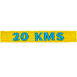 The number 20 KMS are stitched in light blue on a yellow background.