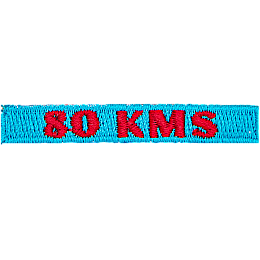 The number 80 KMS are stitched in red on a blue background.