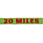 The number 20 Miles are stitched in red on a green background.