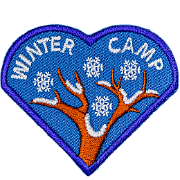 A snow-covered tree branch. The words Winter Camp are embroidered above them.