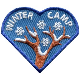 A snow-covered tree branch. The words Winter Camp are embroidered above them.