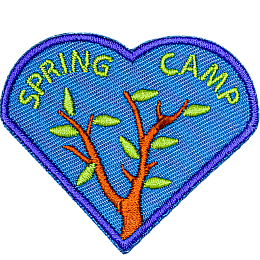 Two tree branches beginning to bud. The words Spring Camp are embroidered above them.