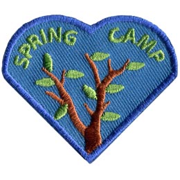 Two tree branches beginning to bud. The words Spring Camp are embroidered above them.