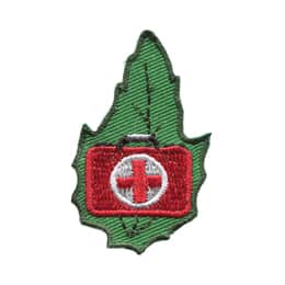 A red first-aid kit is on a green leaf.